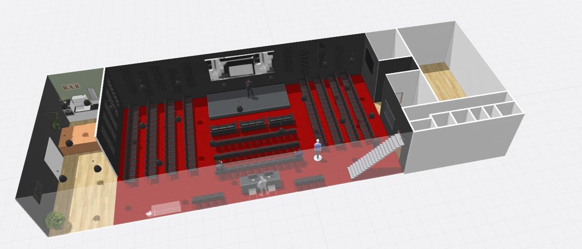 Planta 3D do novo espaço: salão com palco e plateia, entrada com bar, sala polivalente e salas de apoio
